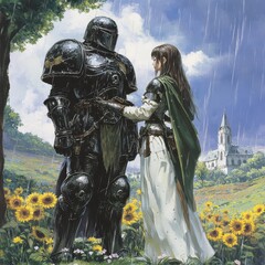 a painting of a knight and a woman standing in a field
