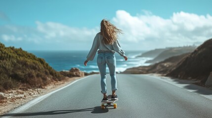 A woman is riding a skateboard down a road near the ocean
