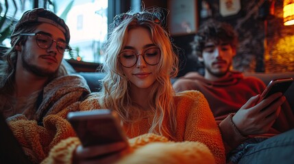 A group of friends gathered in a living room, holding their phones horizontally and sharing memes with no headphones.