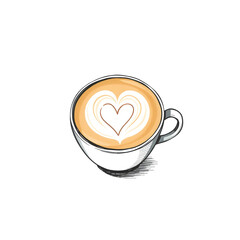 Cafe dessert isolated on the white background. A minimalist cup of latte art with a delicate heart design.