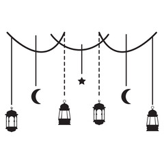 Ramadan Hanging Lantern Decoration Silhouette. Isolated on White Background