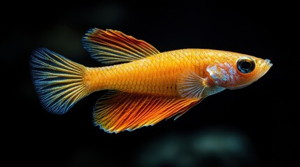 Fototapeta premium Real Photograph of Yellow Guppy Fish Swimming in Aquarium on Black Background - High-Resolution, Detailed