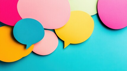 Vibrant speech bubbles in various colors create a playful backdrop, symbolizing communication and interaction in a modern context