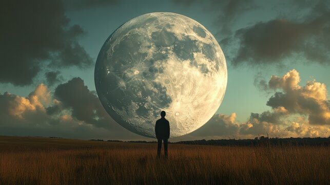 a man standing in front of a large moon