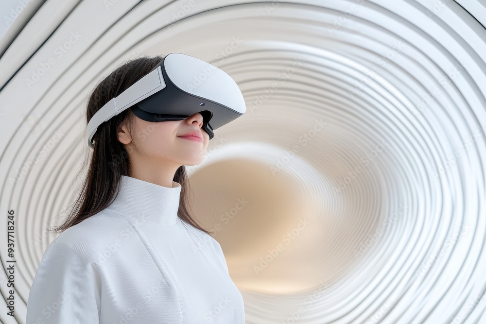 Poster woman in a sleek vr headset set against a swirling tunnel like background symbolizing the immersive 