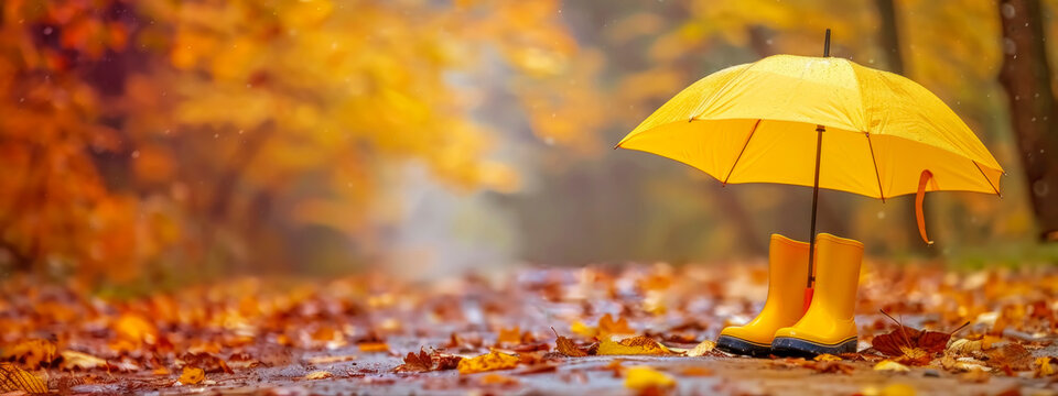 A bright yellow umbrella stands beside matching waterproof boots, surrounded by fallen autumn leaves on a rainy path in a tranquil park atmosphere. banner with place for text - Powered by Adobe