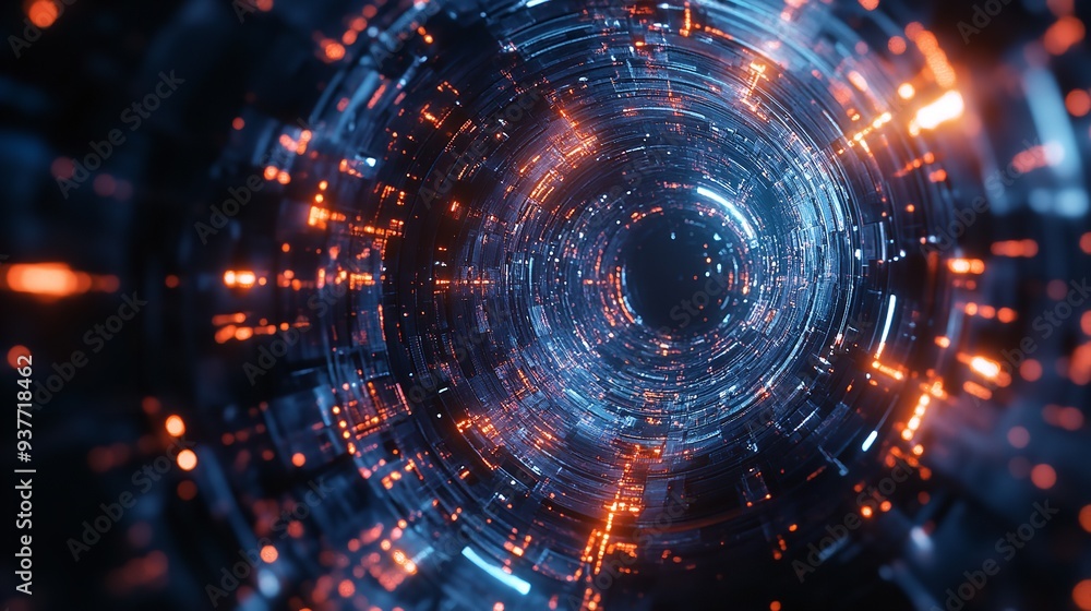 Poster abstract cyber tunnel with diminishing perspective for technological singularity concept