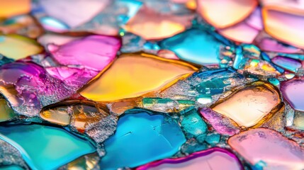 Shimmering colorful glass fragments reflect light and create a vibrant mosaic, enhancing the artisanal atmosphere of the workshop