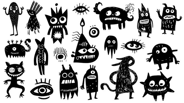 weirdo doodle black linocut cute monsters nature weirdo different elements isolated on 100% white background, texture, pattern, background