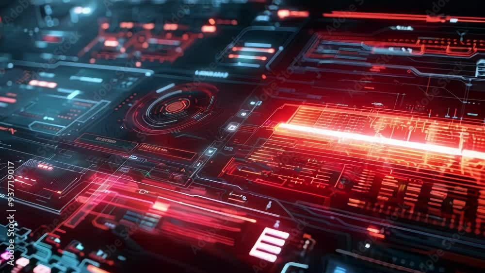 Poster futuristic digital interface displaying complex data analysis with glowing lines and circles, sugges