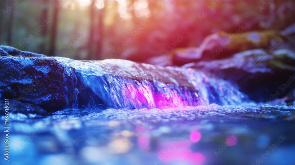 Poster a brilliant waterfall flows over textured rocks, illuminated by colorful neon lights, creating a mes