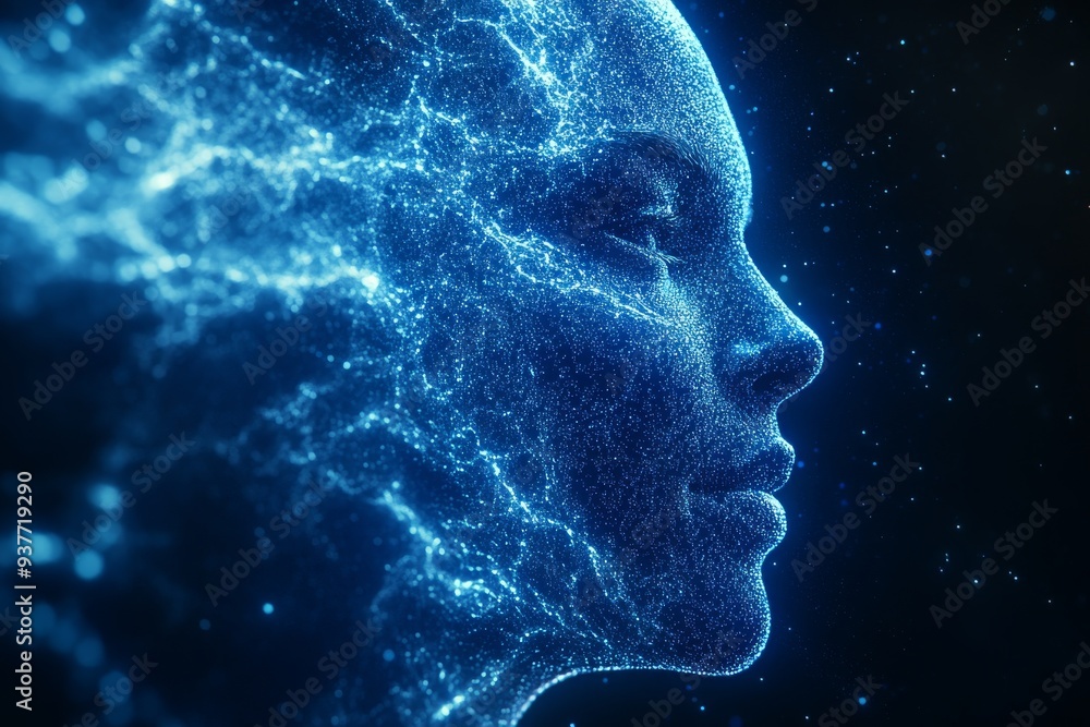 Poster profile of a digital face composed of particles representing the intersection of artificial intellig