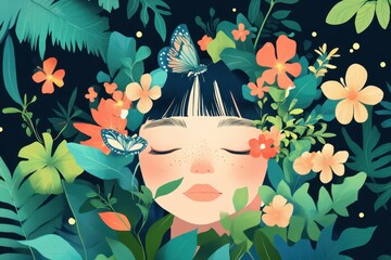 a woman surrounded by flowers and plants