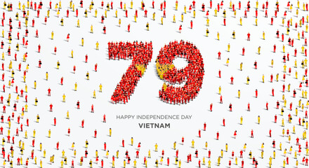 September 2 Happy Independence Day Vietnam Design. A large group of people form to create the number 79 as Vietnam celebrates its 79th Independence Day on the 2nd of September.
