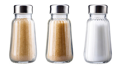 White granulated sugar in a single glass bottle on a transparent background
