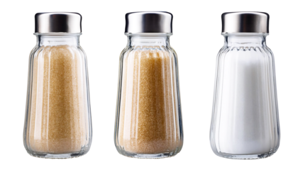 White granulated sugar in a single glass bottle on a transparent background