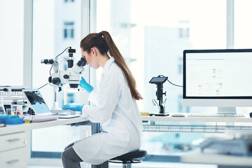 Woman, research and microscope at lab for bacteria with medical study, investigation and...