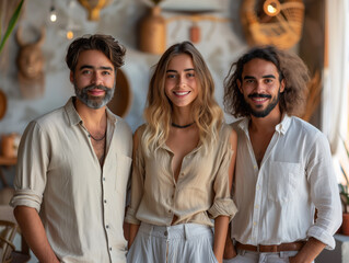 Three young team members in casual clothing, one woman with long blond hair and two men with beards