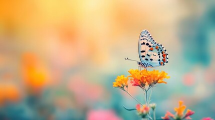 Obraz premium A butterfly with striking colors lands gently on a bright flower, enjoying the warm sunlight in a blooming garden