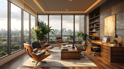 Sleek and Modern Office Interior with Ergonomic Furniture and Large Windows Promoting Productivity and Professionalism