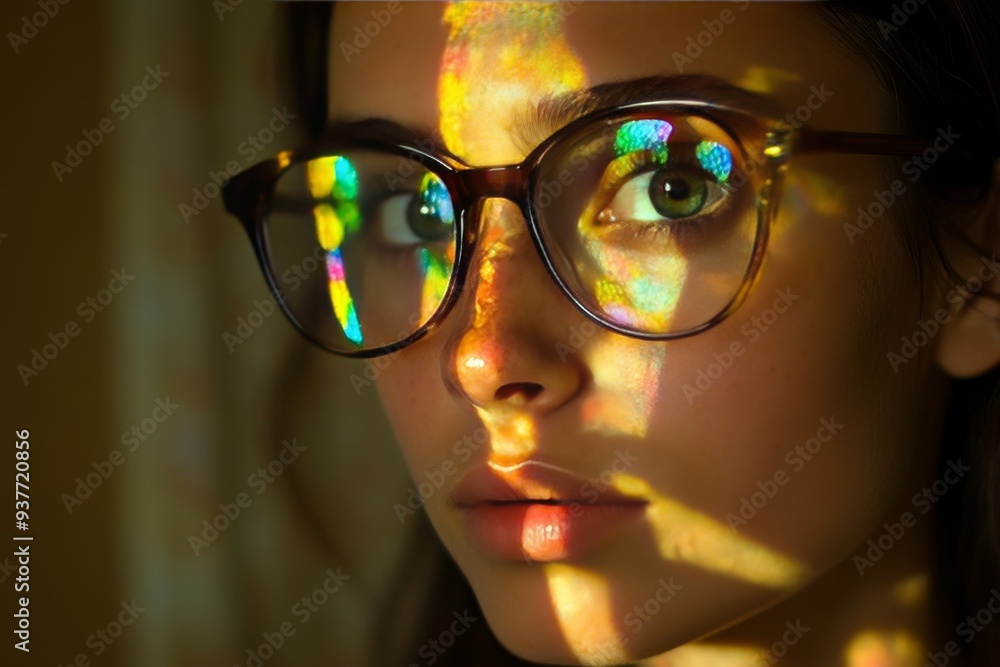 Aufkleber close up of woman with glasses and digital light patterns reflected on her face symbolizing deep int