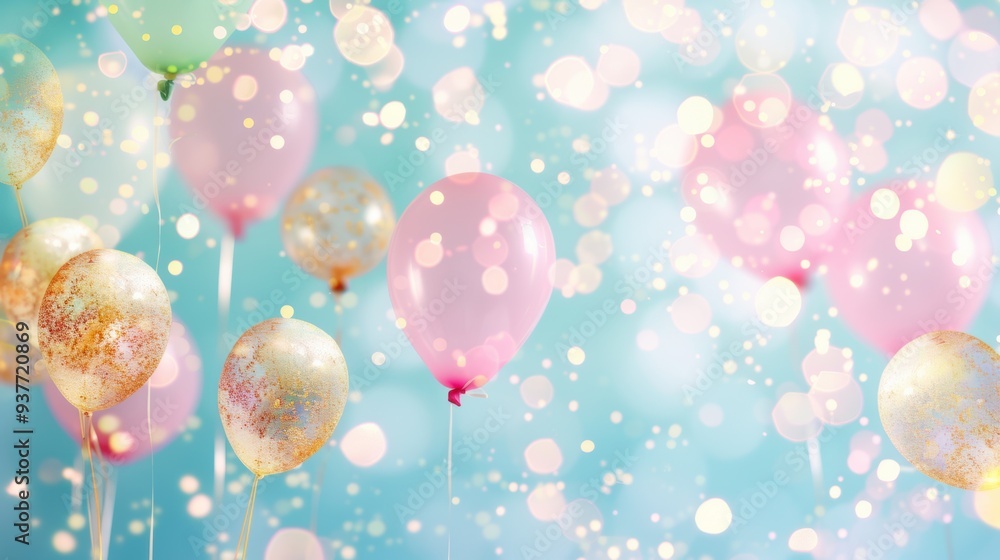 Poster bright balloons in various colors float gently in a whimsical bokeh setting, creating a festive atmo
