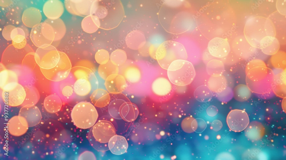 Poster soft, colorful bokeh lights shimmer in a captivating abstract pattern, blending hues to create a mes