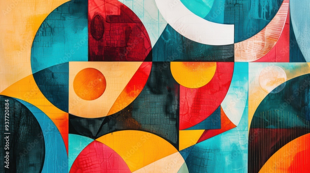 Poster bright shapes interact harmoniously, showcasing a blend of colors and patterns in an abstract design