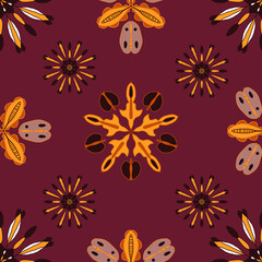 Abstract seamless pattern with hot yellow and maroon shapes on a cherry background.