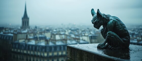 Naklejka premium Gargoyle Overlooking the Dreary City Skyline