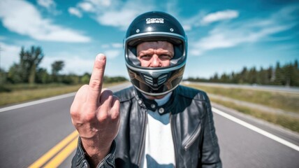 Rugged Biker in Helmet on Motorcycle Showing Middle Finger