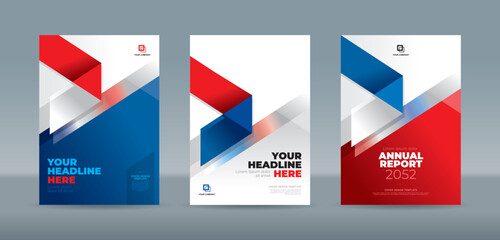 Modern folding ribbon theme book cover template in white, red, blue color. A4 size book cover template for annual report, magazine, booklet, proposal, portfolio, brochure, poster