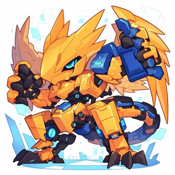 Gold and Blue Robotic Dragon with Wings