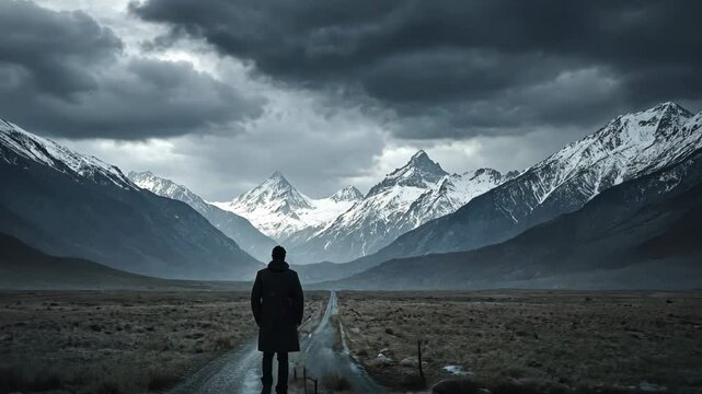 Video footage of solitary figure standing in the center of a vast, flat landscape with a road leading directly towards towering snow capped mountains under a dramatic, cloudy sky