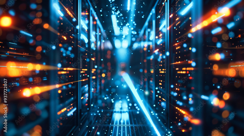Poster data center with a row of computer servers. abstract generic concept of cyberspace, communication an