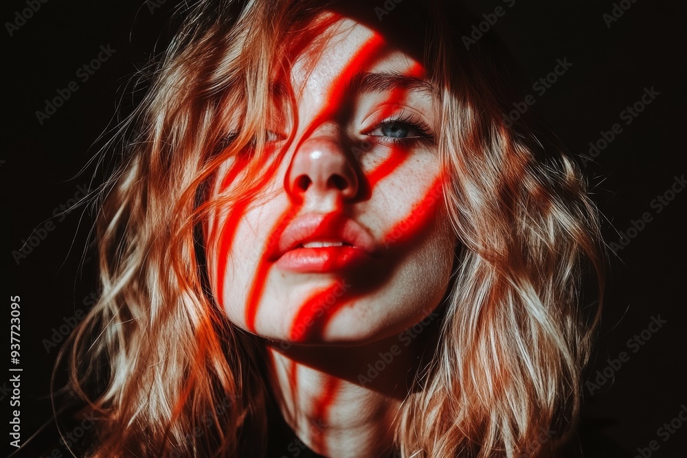 Poster profile of a woman with red light patterns on her face symbolizing the fusion of artistic expression