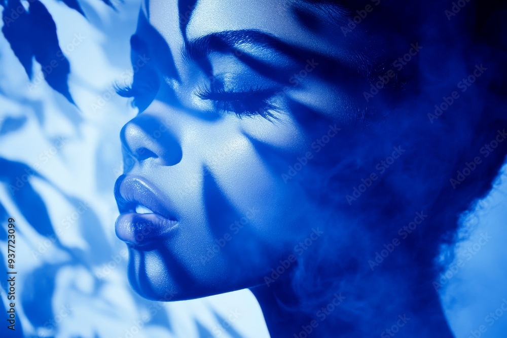 Poster serene portrait of a woman surrounded by blue light patterns symbolizing the calming influence of te