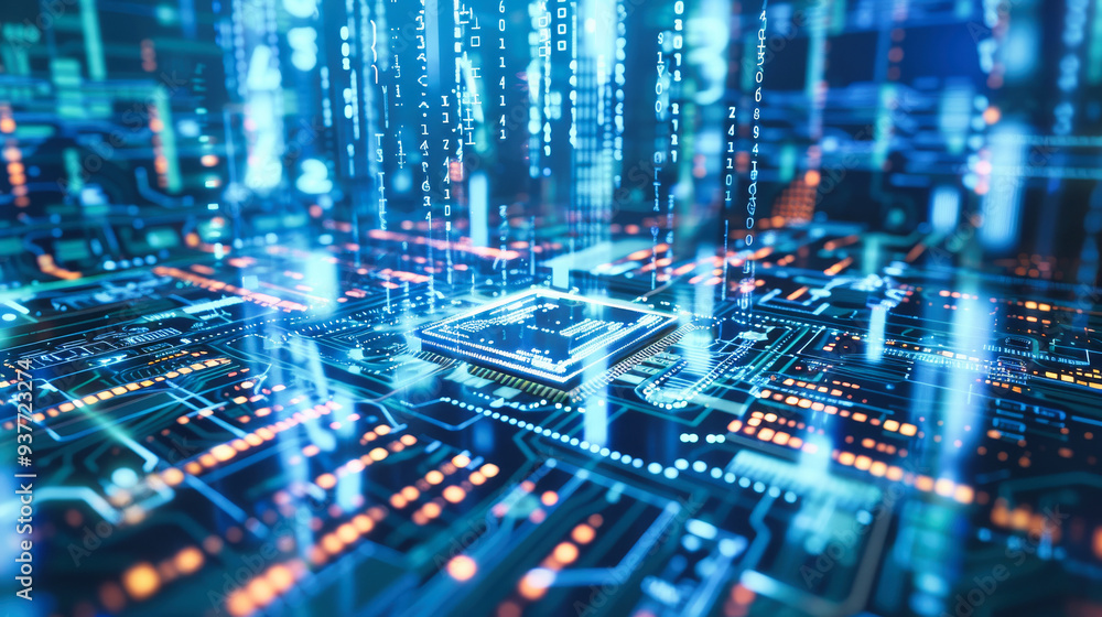 Poster close up of an advanced microchip with data flowing through it