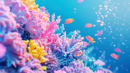 Exotic oceanic colorful fluorescent coral reef with fishes on blue background. Aquarium hobby. Generative AI