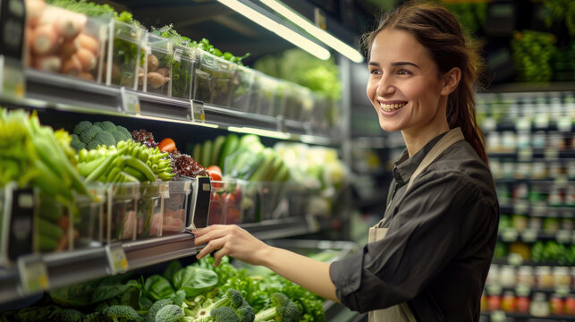 A cheerful woman in an apron smiles while organizing fresh vegetables in a grocery store, showcasing a vibrant selection of produce.
