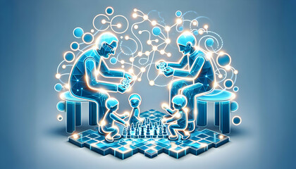 Obraz premium 3D Glowing Abstract Grandparents and Grandchildren Playing concept as A dynamic digital art banner featuring glowing abstract icons of grandparents and grandchildren playing together. The design radia