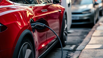 View of an electric car charging at a station, highlighting its sleek design and eco-friendly features. This image emphasizes the modern, sustainable technology and the future of transportation