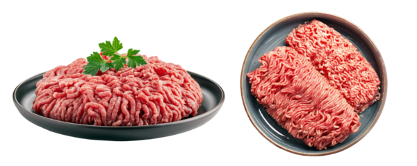 Minced pork on plate, raw pork, focus on cooking ingredients and food preparation, on transparent background.