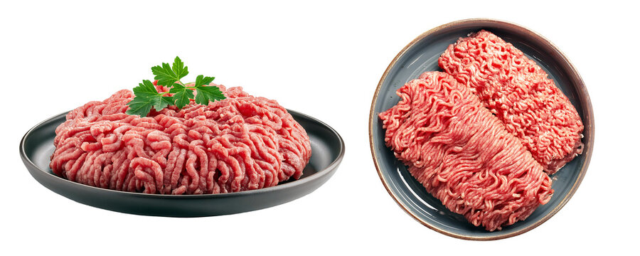 Minced pork on plate, raw pork, focus on cooking ingredients and food preparation, on transparent background.