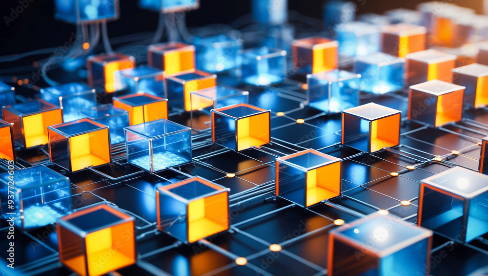 Poster interconnected transparent cubes in an abstract technology composition