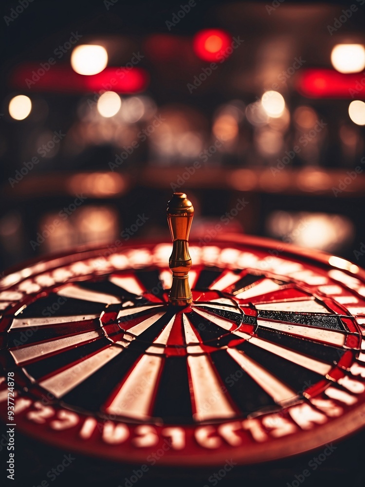 Poster blurred image of a dartboard with a red bullseye, dim bar lighting, bokeh effect in the background, 
