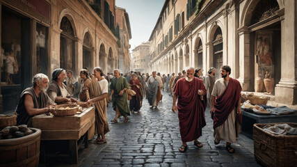 Ancient Rome street scene with people walking