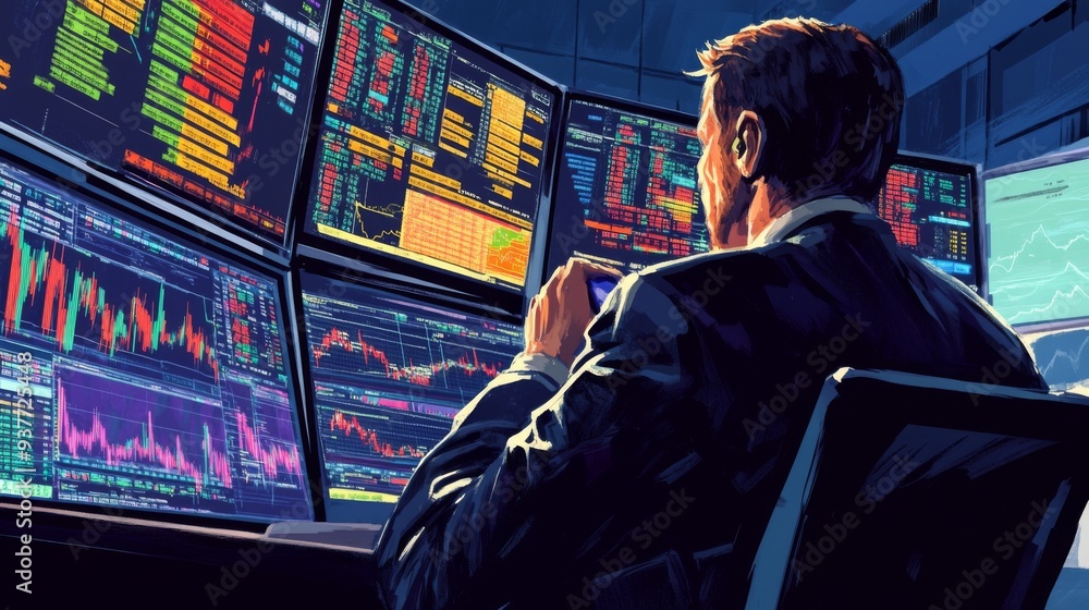 Poster a businessman sits at his desk, surrounded by multiple computer monitors displaying financial data, 