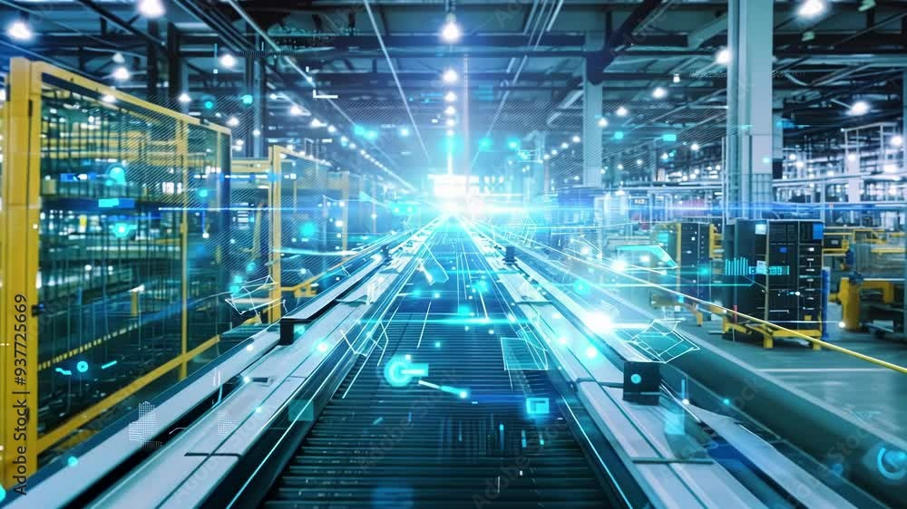 Poster empty production line with a futuristic conveyor belt, showcasing automation in a modern factory. ev