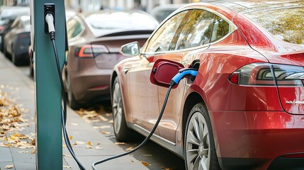 Fototapeta premium View of an electric car charging at a station, highlighting its sleek design and eco-friendly features. This image emphasizes the modern, sustainable technology and the future of transportation
